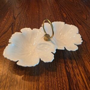 Vintage White Ceramic Double Leaf Divided Serving Dish Brass Handle USA Pottery
